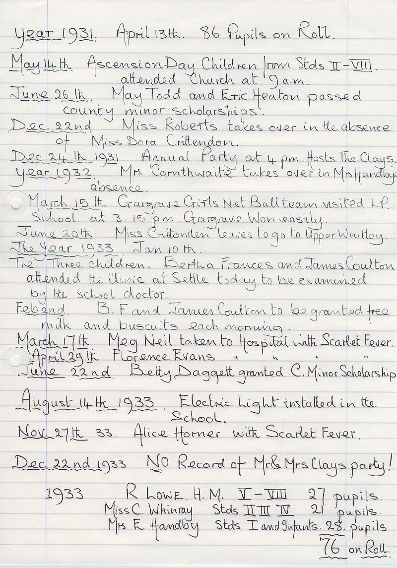 Log Book 1931-33.JPG - Extracts from Long Preston Endowed School Log Book 1931-34